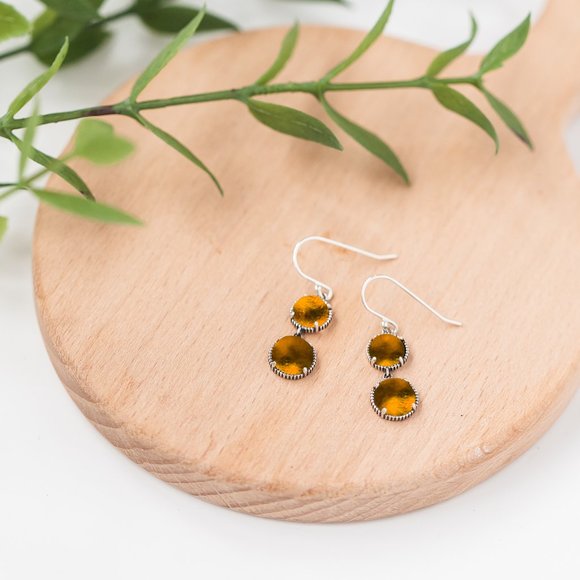 Recycled Vintage Amber Bleach Jug Sterling Silver Double Take Earrings - Picture 2 of 5